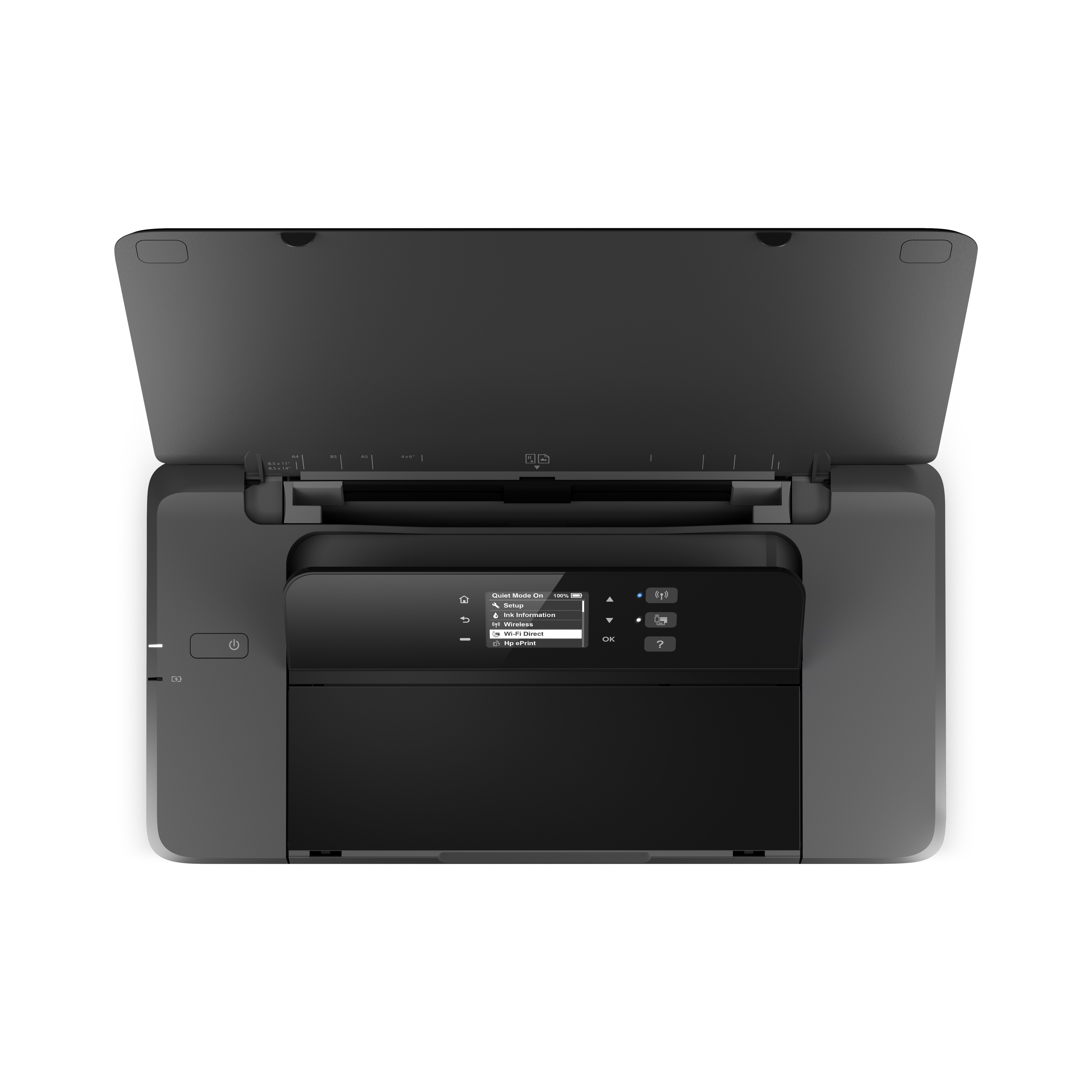 Ein dunkler Drucker mit geöffnetem Deckel und beleuchtetem Touchscreen.