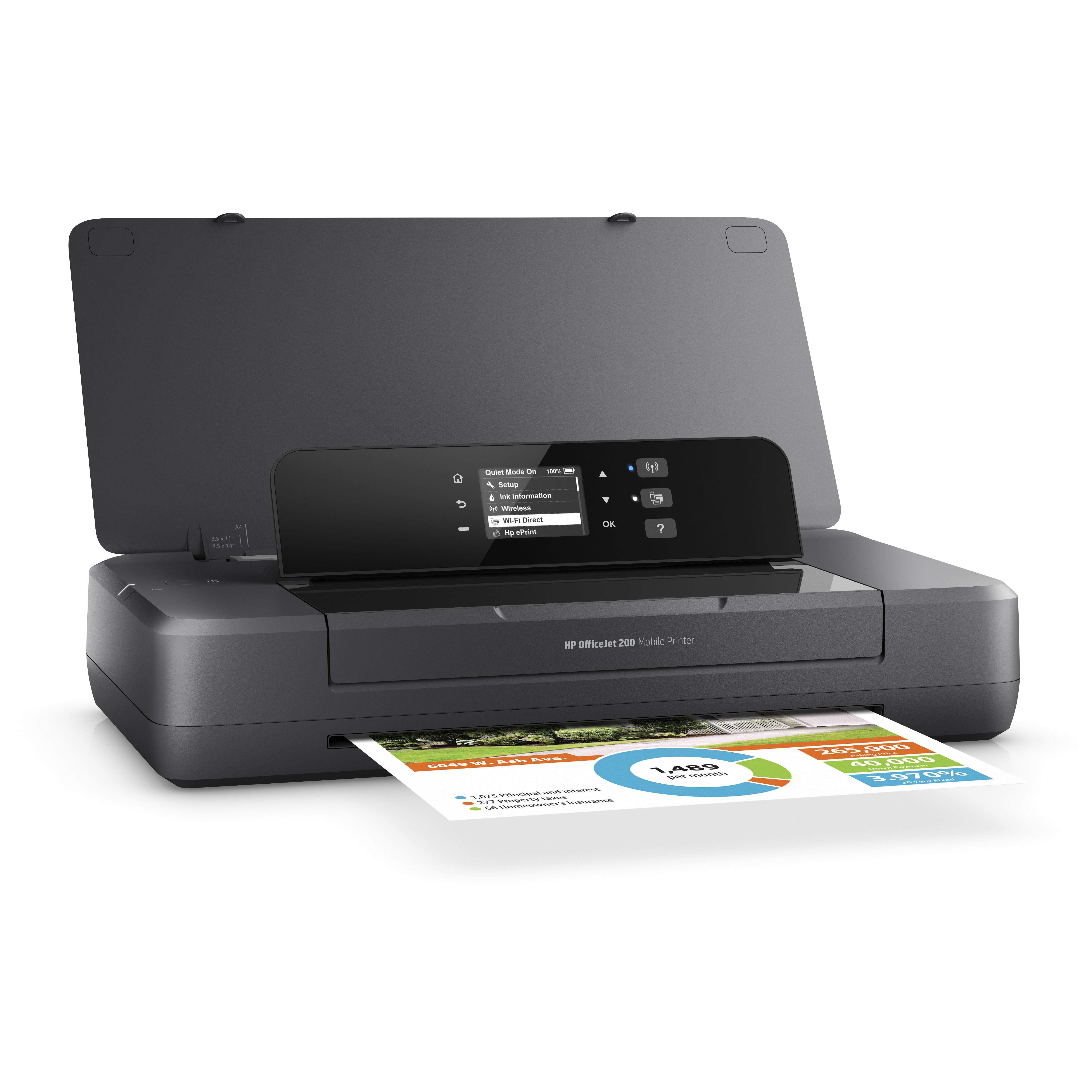 Ein schwarzer HP OfficeJet 200 Mobil-Drucker druckt ein Diagramm mit Hausinformationen.