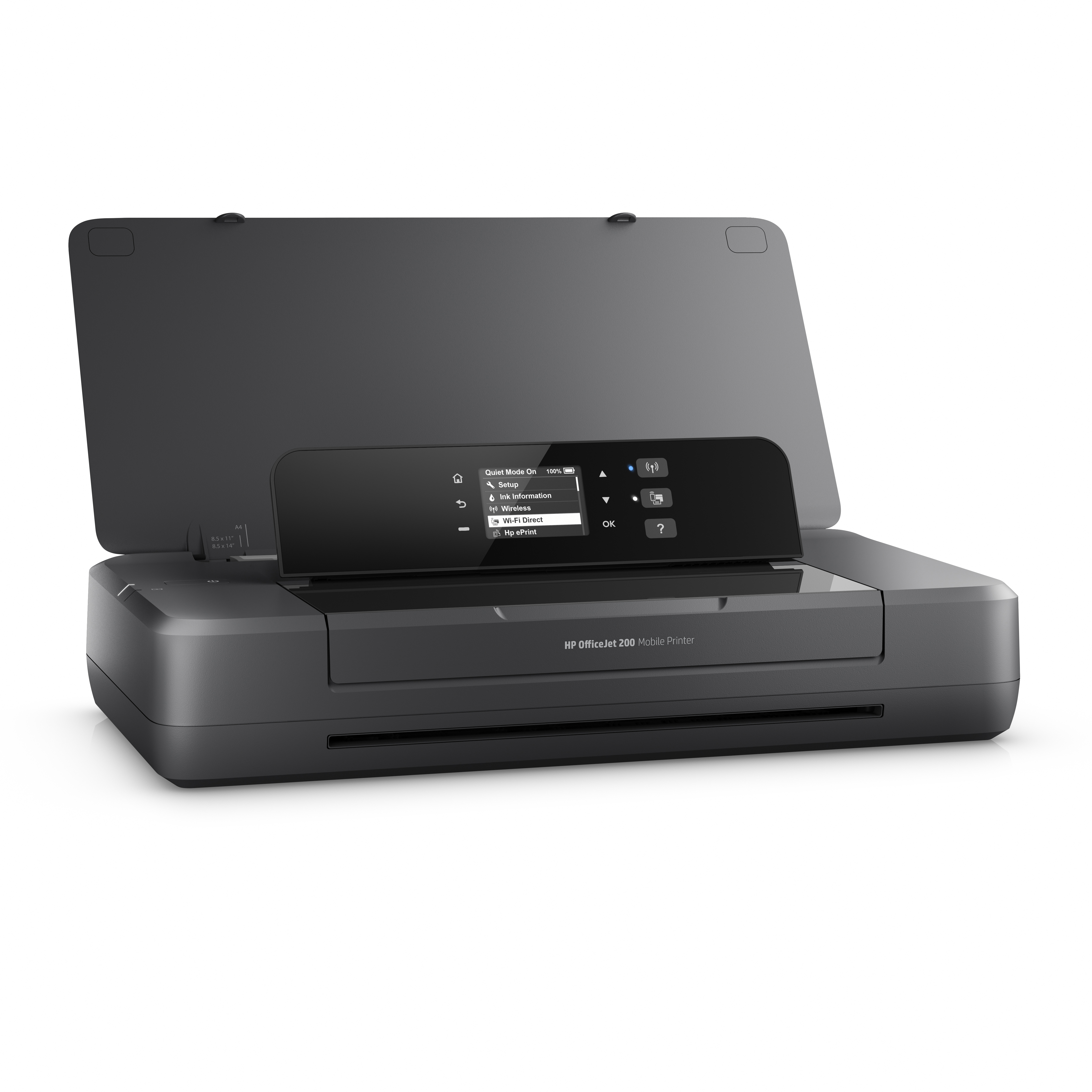 Ein grauer HP OfficeJet 200 Mobil-Drucker mit geöffnetem Deckel und Bedienfeld.