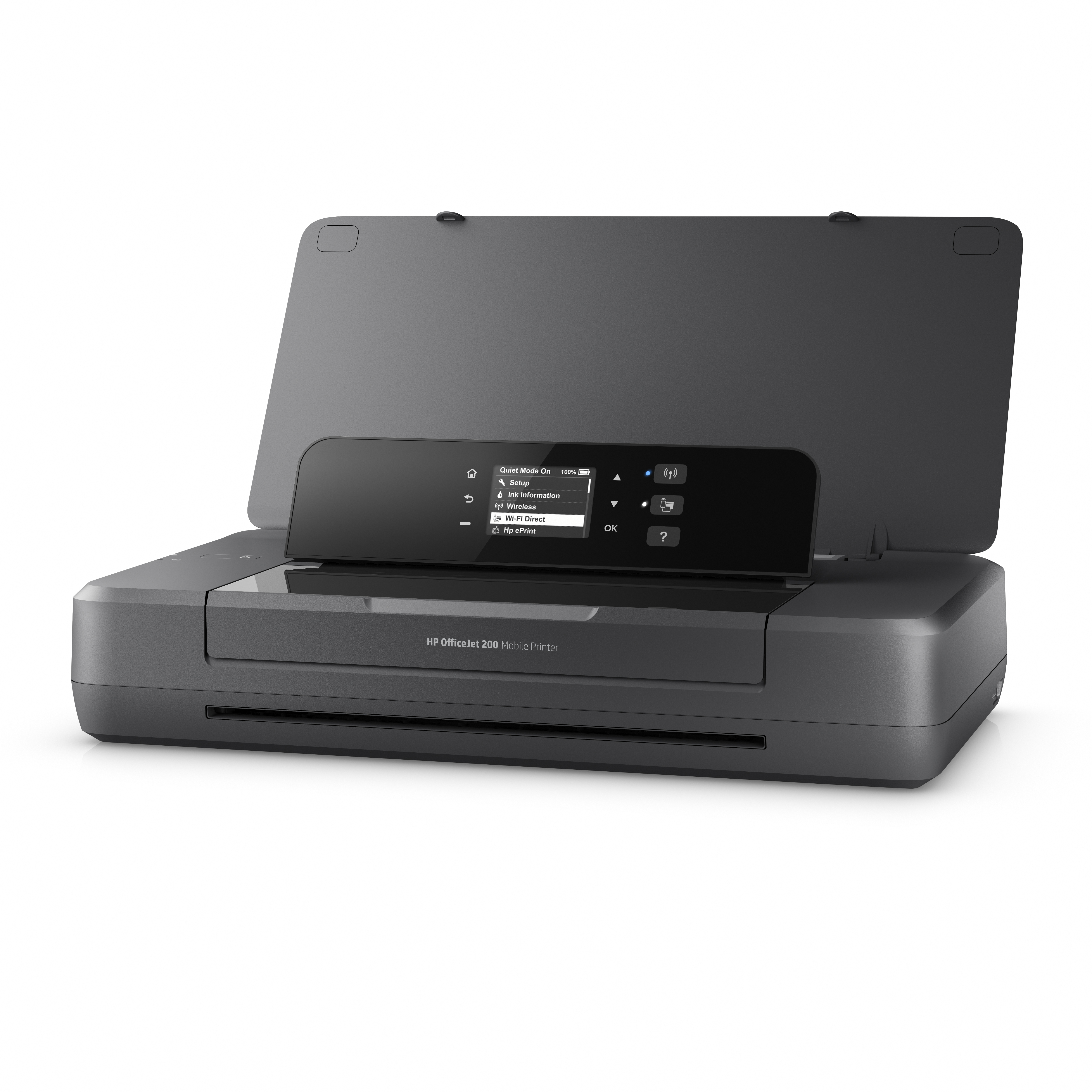 Ein grauer HP OfficeJet 200 Mobil-Drucker mit geöffnetem Deckel und Bildschirm.