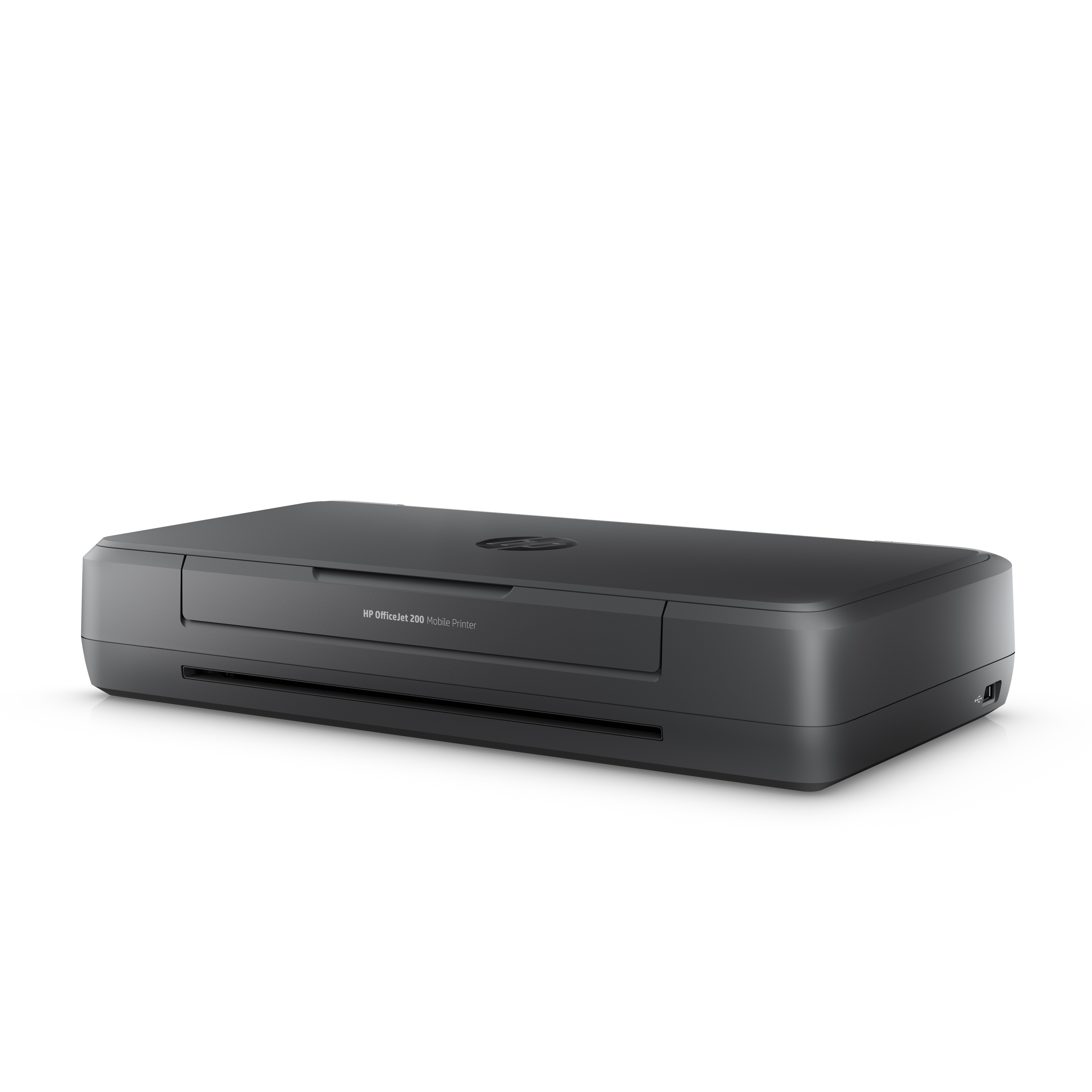Ein schwarzer HP OfficeJet 200 mobiler Drucker auf weißem Hintergrund.