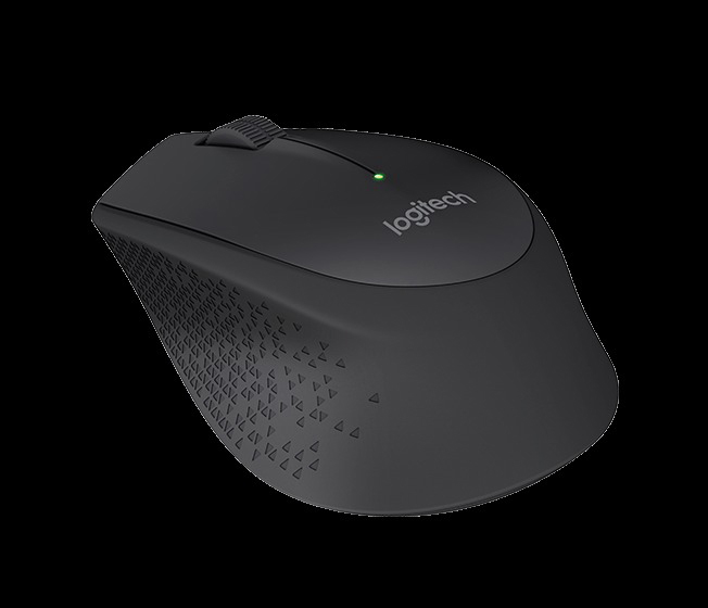Eine schwarze kabellose Logitech-Maus mit strukturiertem Seitengriff und leuchtend grüner Statusleuchte.