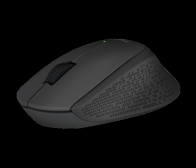 Eine matte schwarze kabellose Computermaus mit strukturiertem Daumengriff und Scrollrad auf schwarzem Hintergrund.