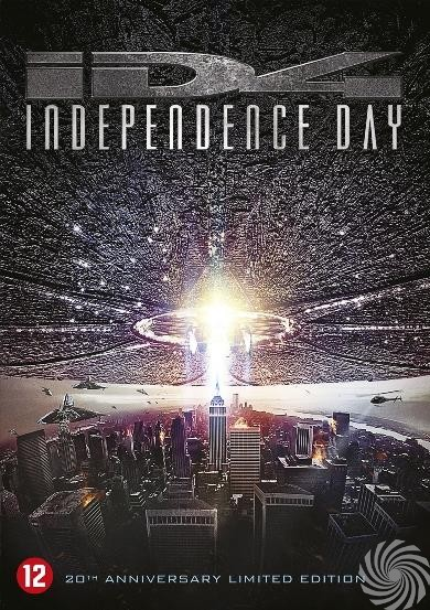 DVD-hoes van een stad met een helder licht en een ruimteschip erboven. De tekst luidt 'Independence Day'.