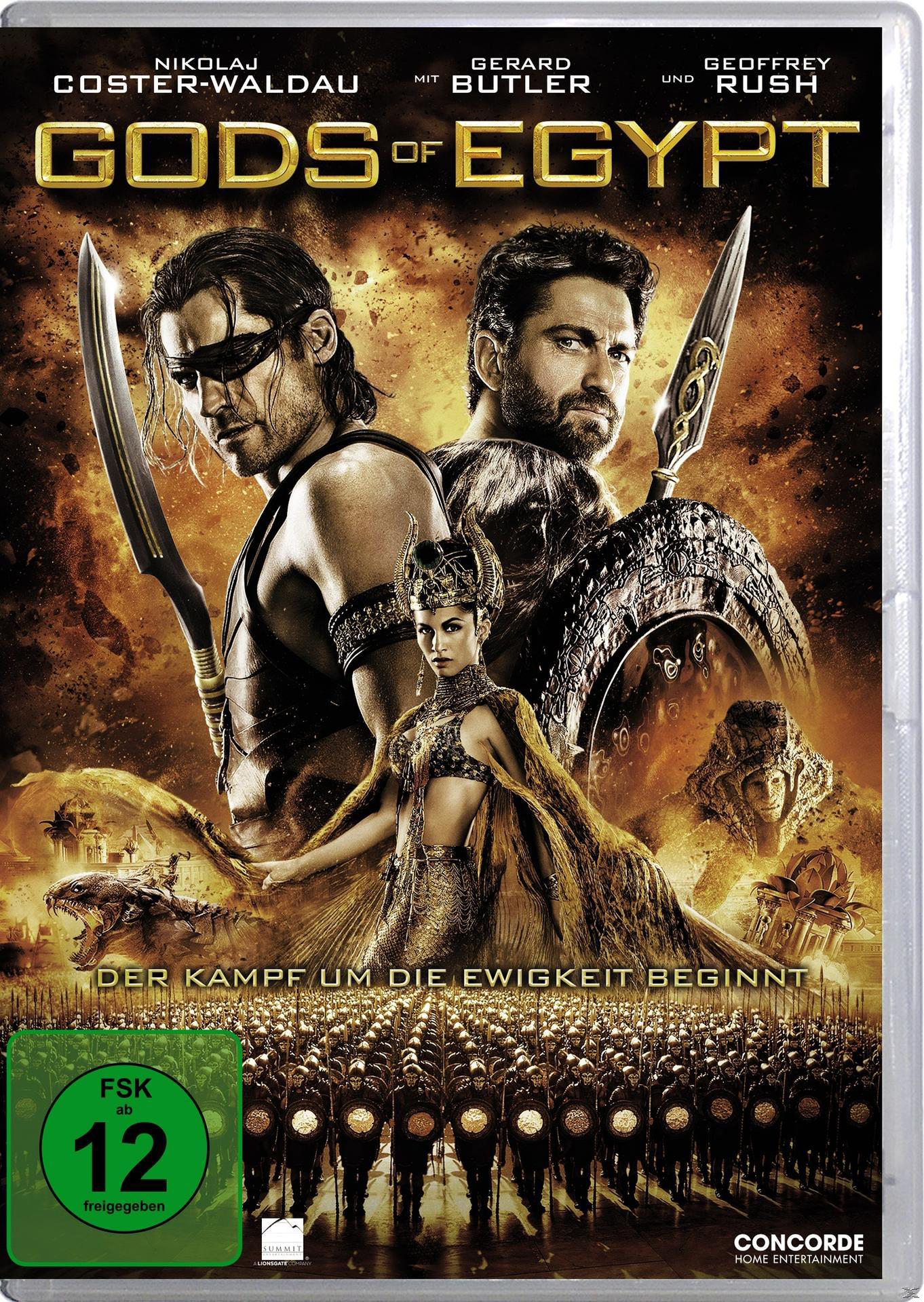 DVD-Cover von "Gods of Egypt" mit Schauspielern, darunter Gerard Butler, und einem Kampfszenen-Hintergrund.