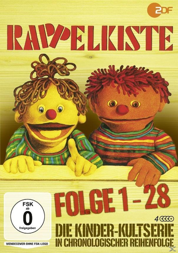 DVD-Cover: Zwei Puppen. Gelb und rot gefärbt. Titel: Rappelkiste, Folge 1-28.