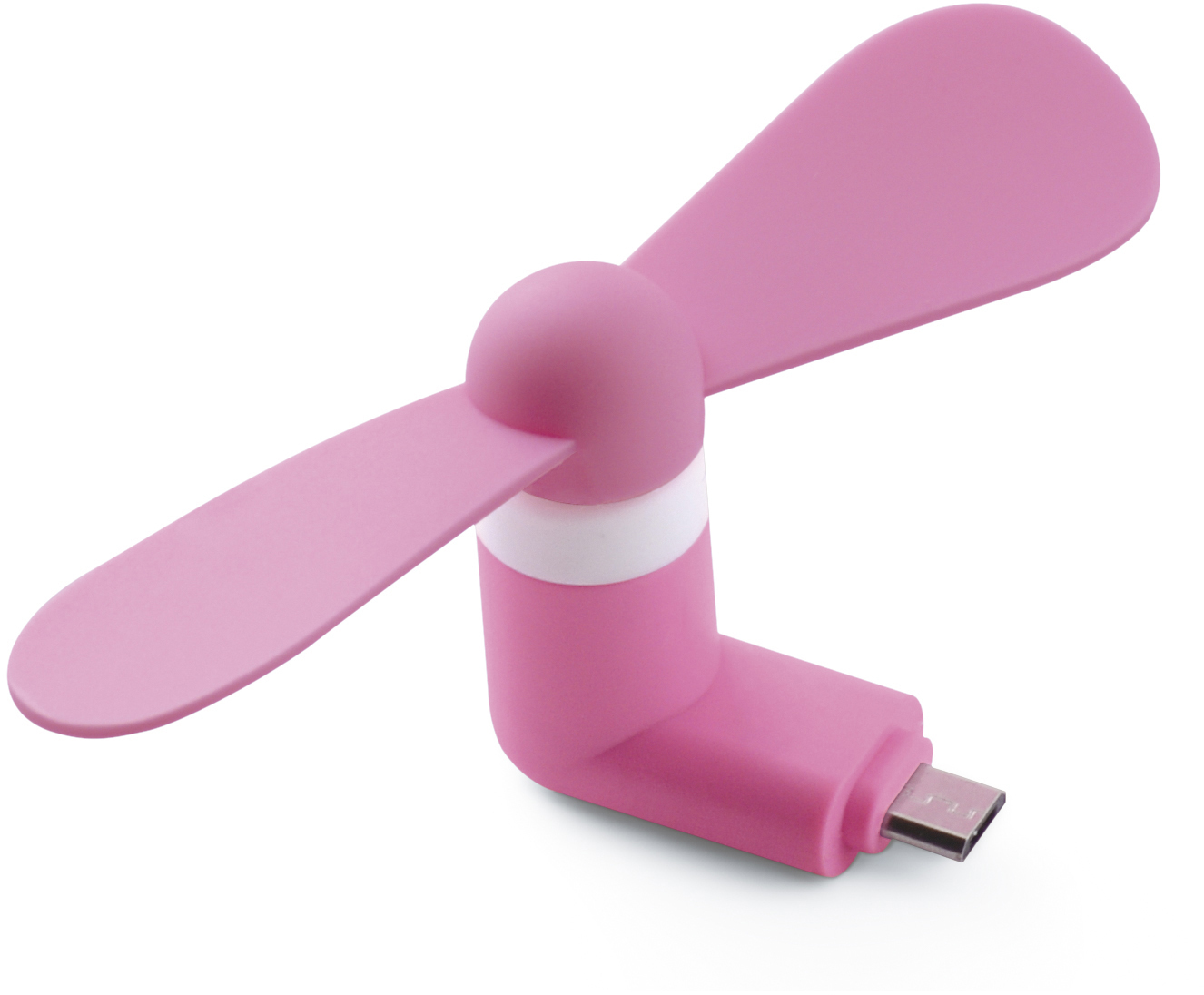 Ein rosa USB-Ventilator mit zwei Flügeln und einem USB-Anschluss auf weißem Hintergrund.