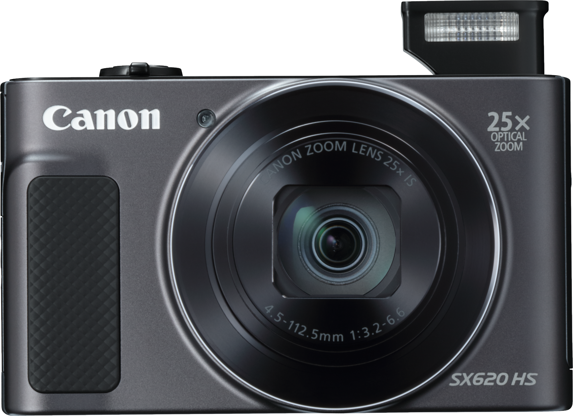 Szürke Canon kamera, fekete objektívvel, 25x optikai zoommal és vakuval. A Canon felül van nyomtatva.