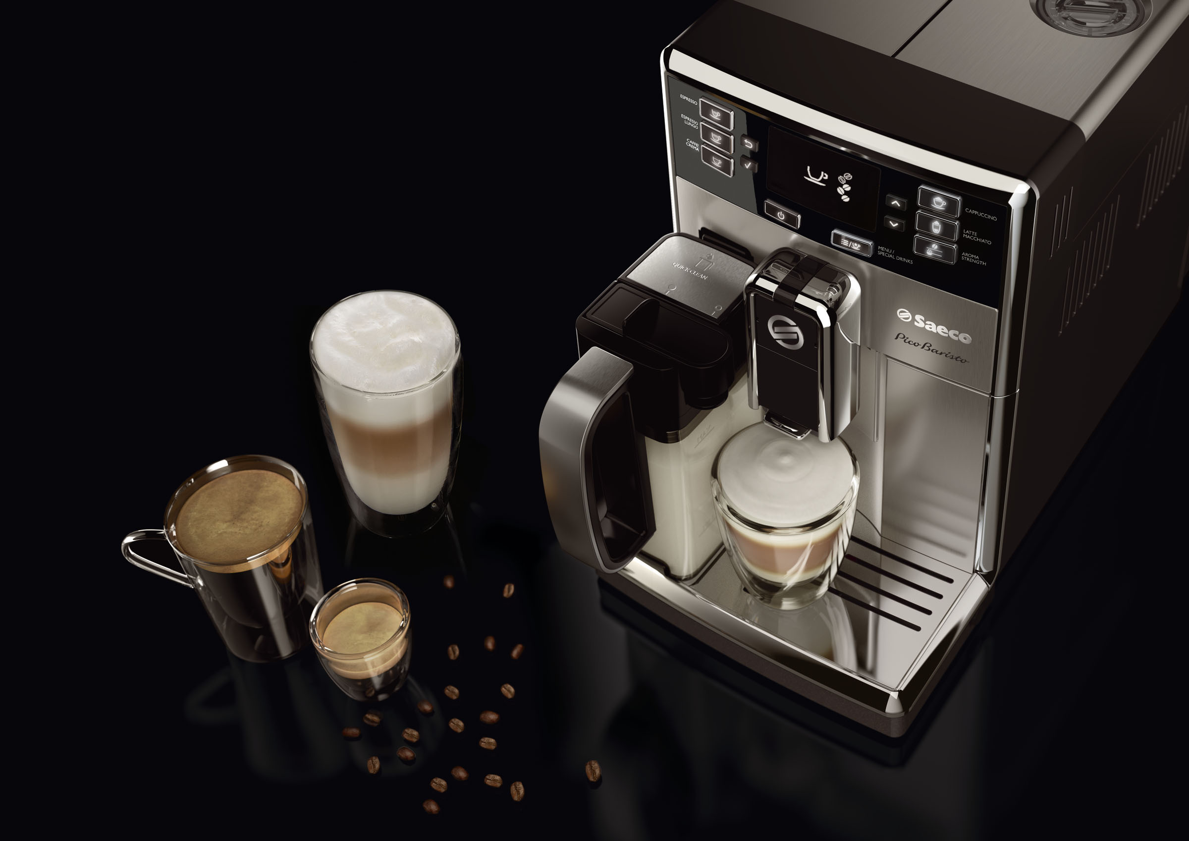 Eine Kaffeemaschine mit drei Kaffeegläsern und Kaffeebohnen auf schwarzem Untergrund.