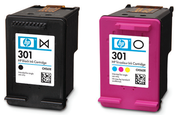 Two HP ink cartridges: black and tri-color, labeled with '301'.