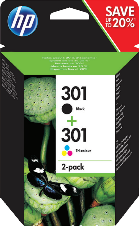 HP ink cartridges pack. Black and tri-color cartridges. Green background with text.