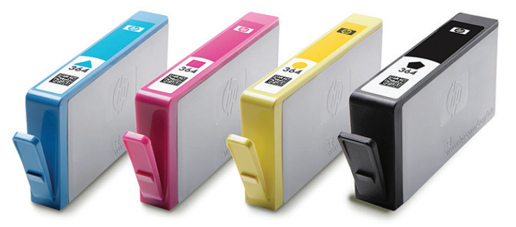 Four HP ink cartridges in cyan, magenta, yellow, and black. Each has the HP logo.