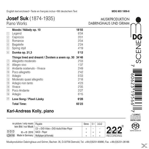 CD-Rückseite mit Trackliste und Text, Logo und Klavier.