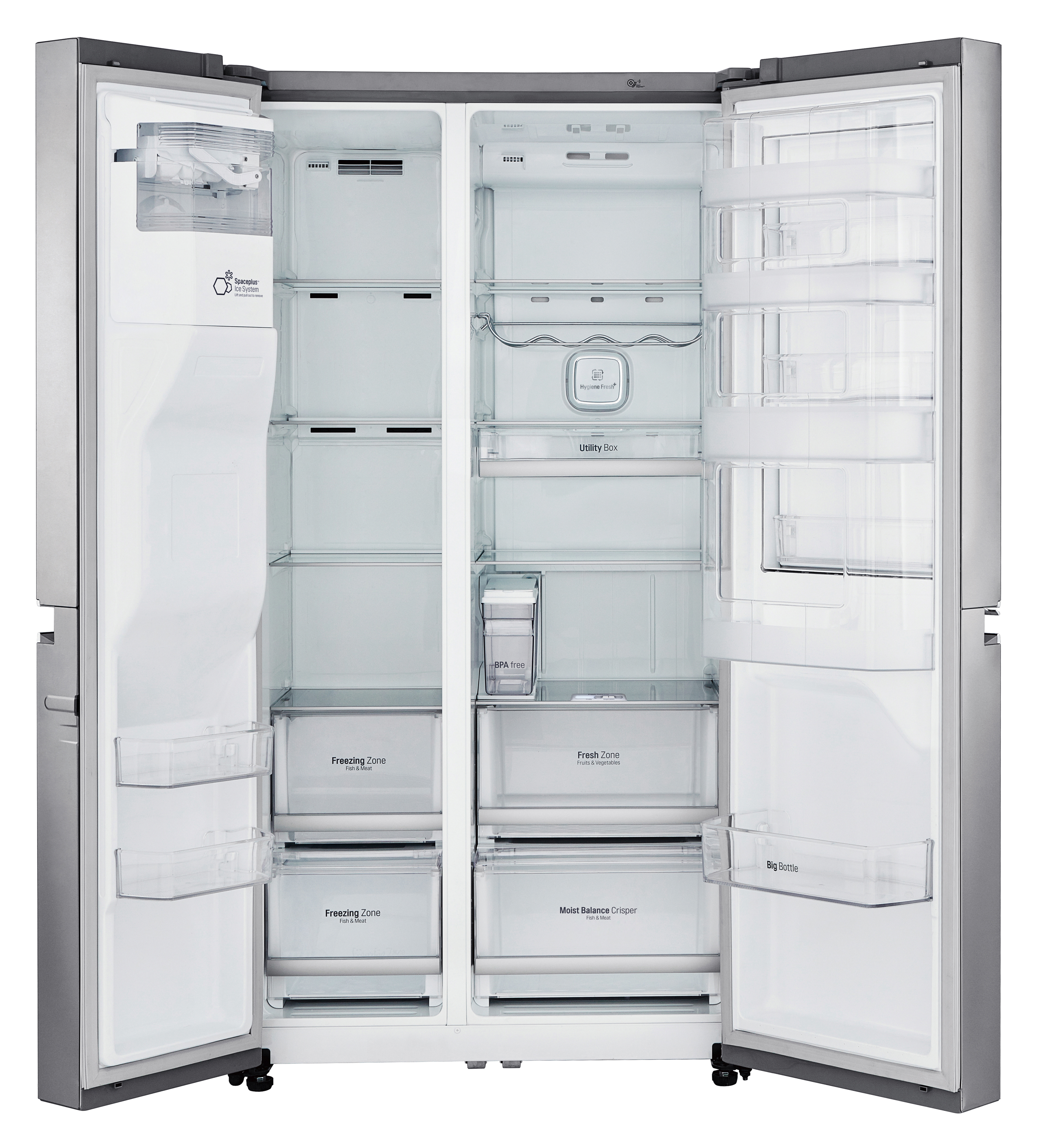 Offener Kühlschrank aus Edelstahl mit mehreren Regalen und Schubladen, leer. Weißer Hintergrund.