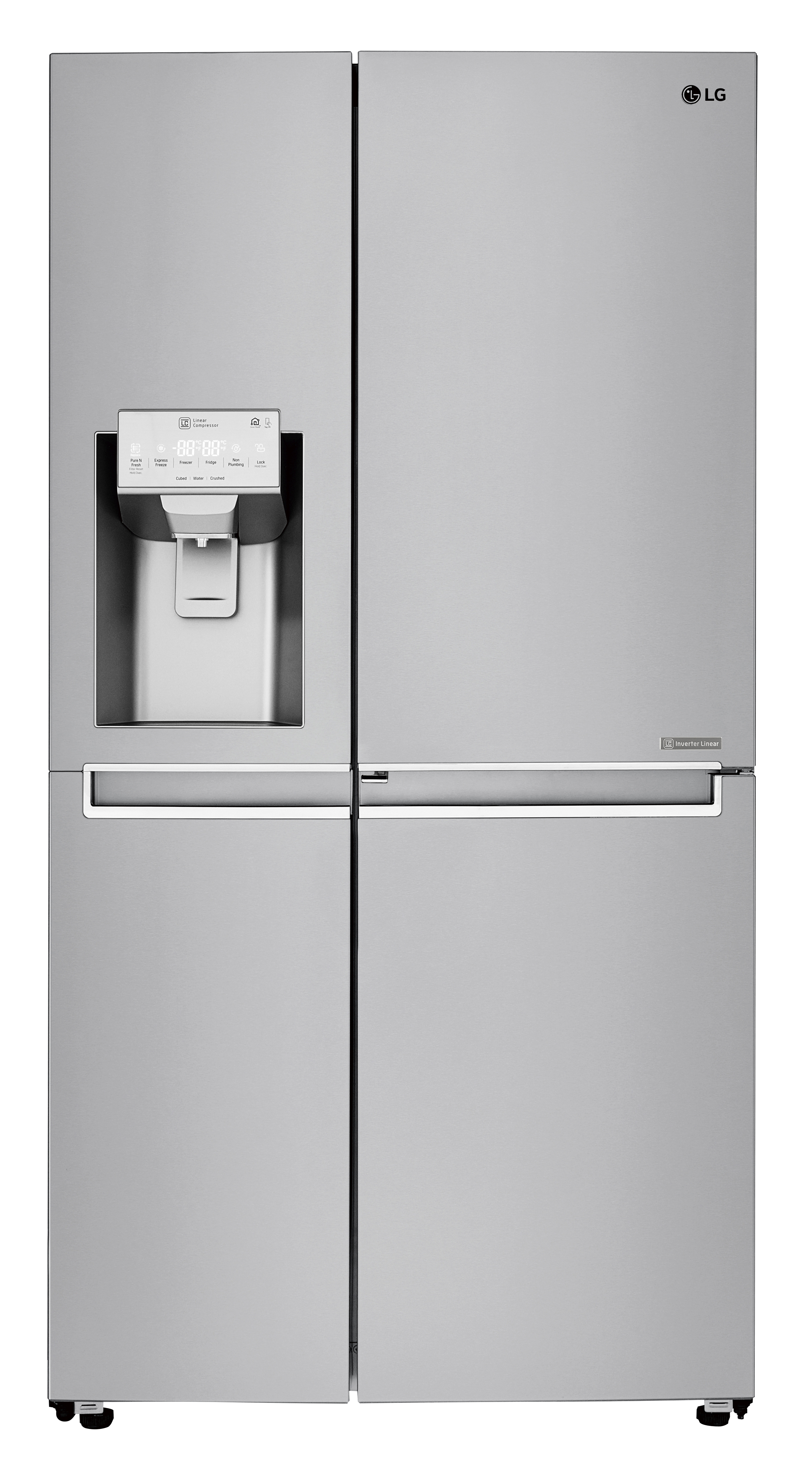 LG Kühlschrank mit vier Türen und Eis- und Wasserspender.