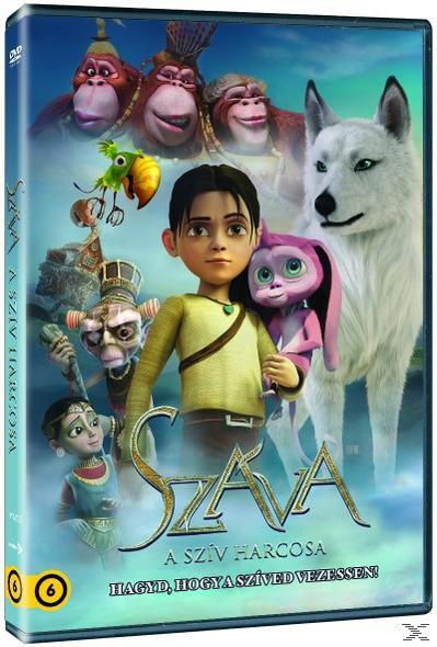 DVD borító animált karakterekkel. A cím: "Sava: A szív harcosa". A háttér kék.