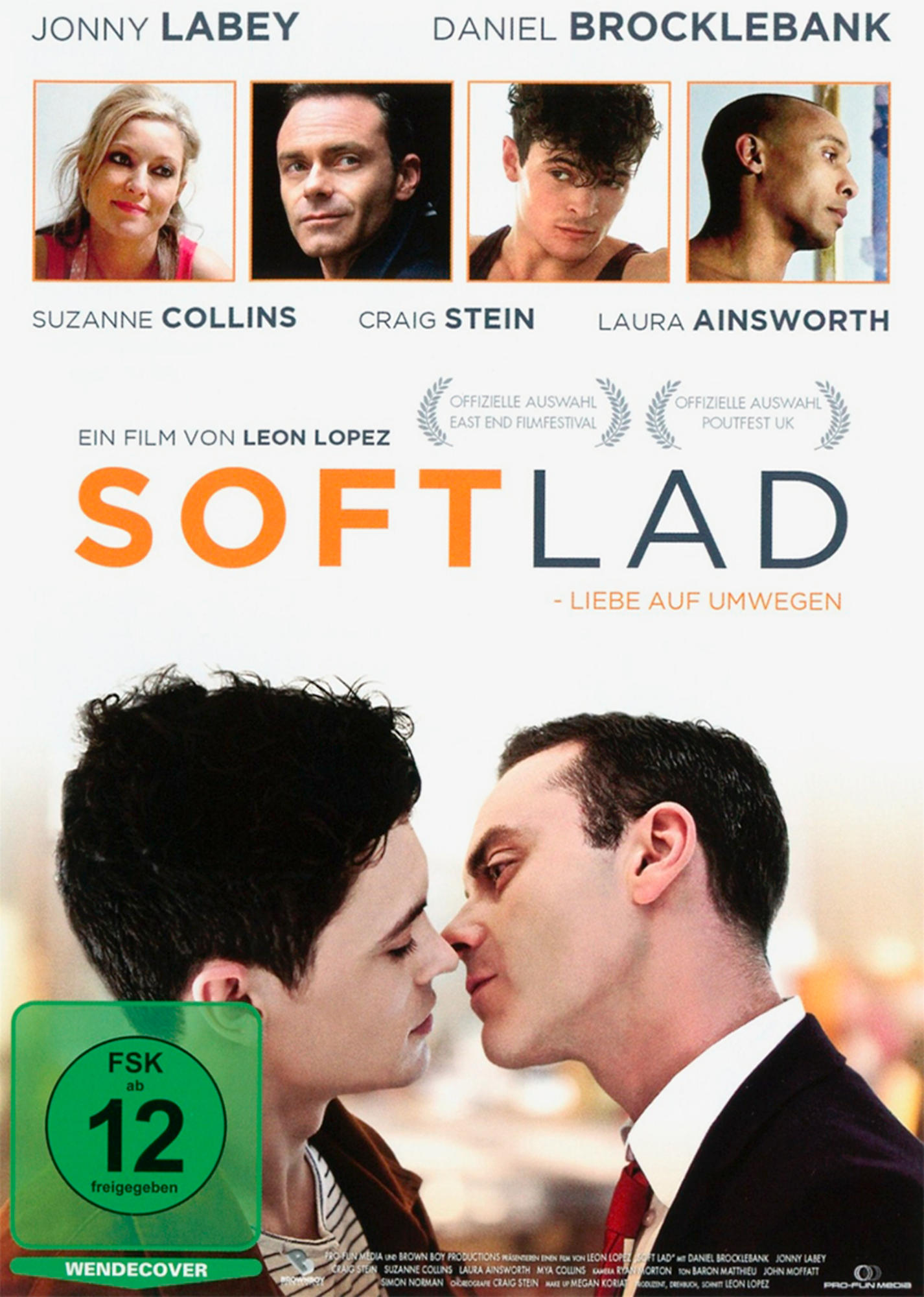 Filmposter von 'Softlad'. Zwei Männer küssen sich. Fotos der Besetzung oben. Grünes Bewertungssymbol.