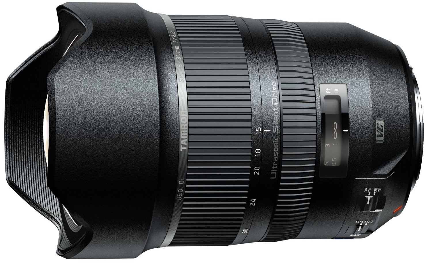 Black camera lens with silver details. The lens has a focus and zoom ring.