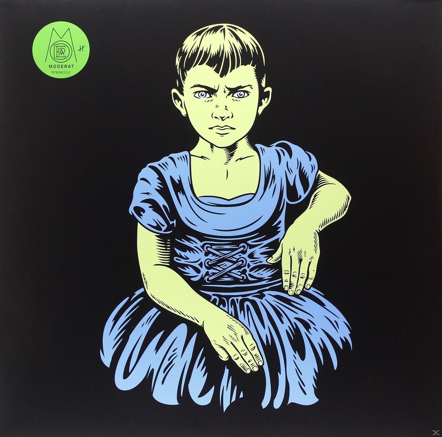 Artwork: Ein Mädchen in blauem Kleid und ein schwarzer Hintergrund. Titel: Moderat.