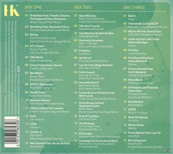 CD-Cover mit Titellisten für drei Mixe. Text auf türkisem Hintergrund, mit dem HK-Logo.