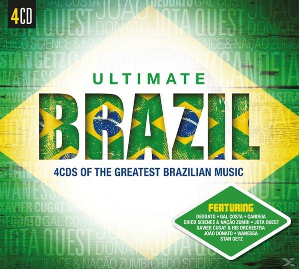 Albumcover: "Ultimate Brazil". Titel in grünen Buchstaben, gefüllt mit der brasilianischen Flagge. Liste der Künstler und "4CDs".