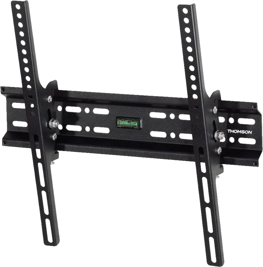 Fekete TV fali tartó. Két függőleges sínnel rendelkezik, rögzítő furatokkal és egy vízmértékkel.