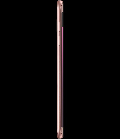 Seitenansicht eines roségoldenen Smartphones vor schwarzem Hintergrund.