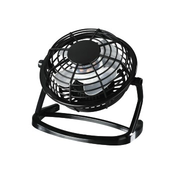 Schwarzer Schreibtischventilator. Runder Käfig mit Flügeln. Schwarzer Sockel.