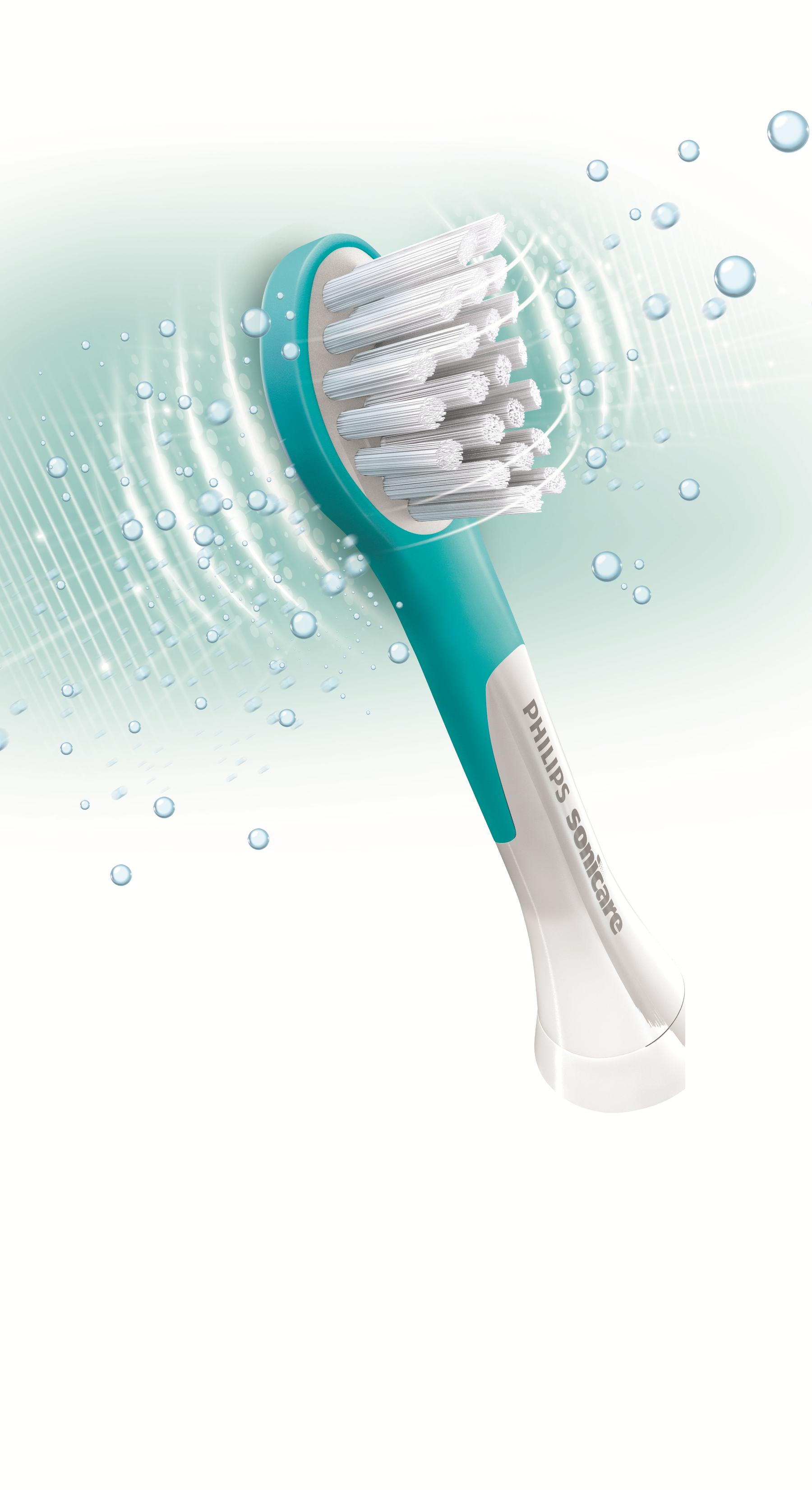 Close-up van een Philips Sonicare tandenborstelkop, turquoise en wit, met waterdruppels en wervelingen.