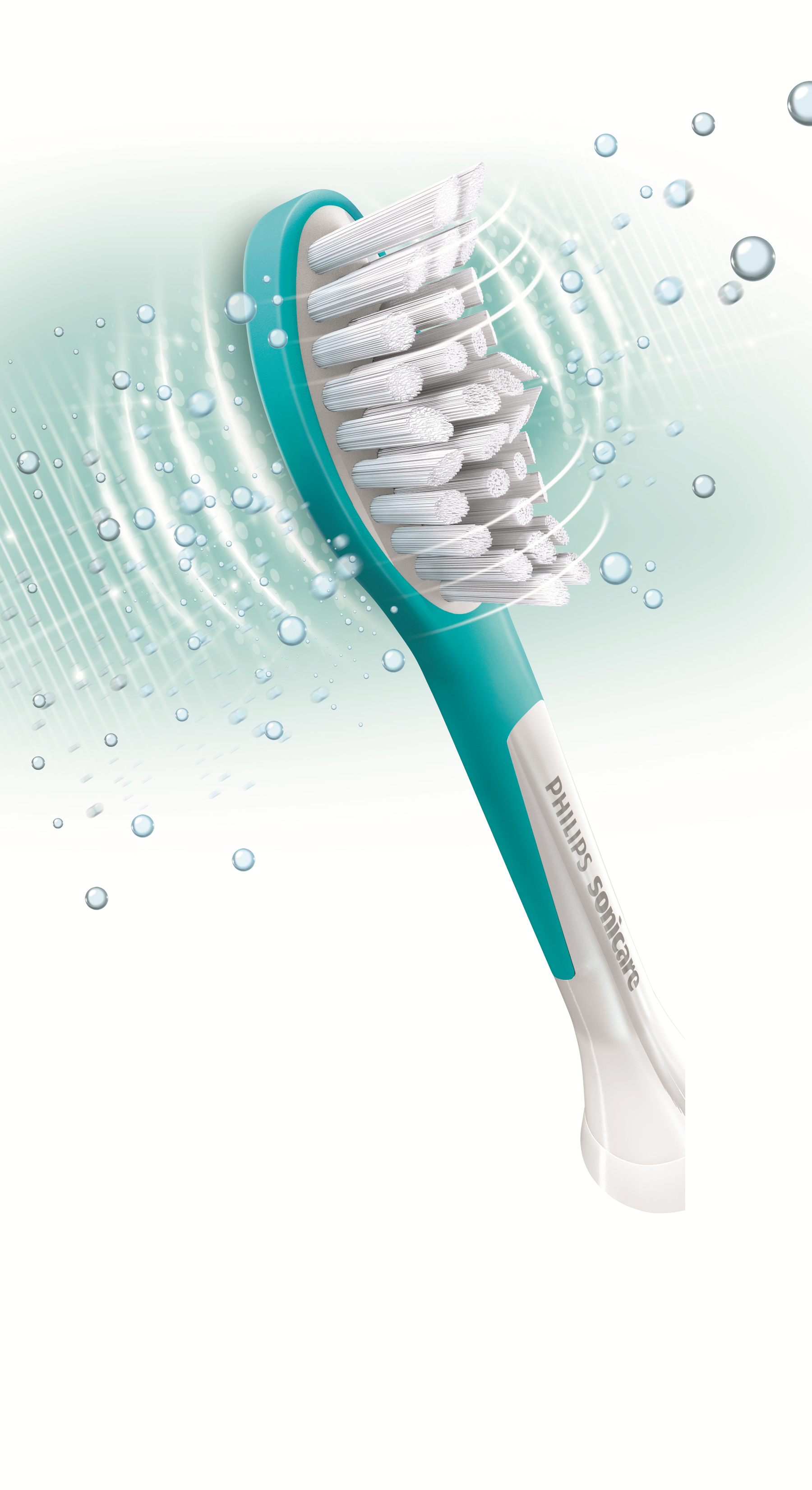 Close-up of a Philips Sonicare toothbrush head, with white bristles and a turquoise handle.