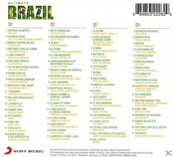 CD-Cover. Album Ultimate Brazil. Enthält mehrere Künstler und Songtitel. Buntes Design mit brasilianischer Flagge.