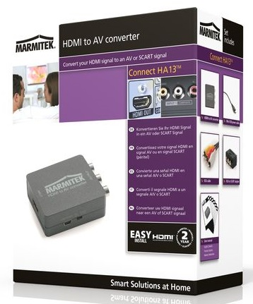 White and black HDMI to AV converter box with cables.