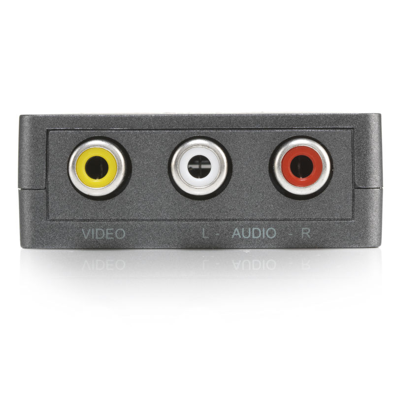 Close-up of a black AV adapter with yellow, white, and red RCA ports, labeled Video, Audio L, and Audio R.