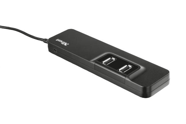 İki USB portlu ve siyah kablolu siyah bir USB hub.