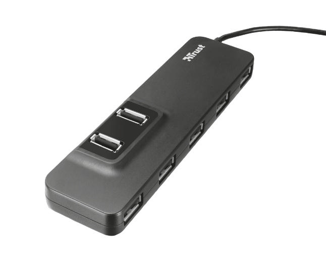 Çoklu USB bağlantı noktasına sahip siyah bir USB hub. Beyaz bir yüzeyde.