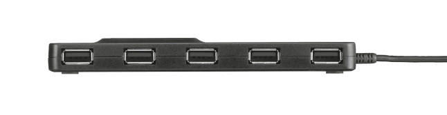 Beş USB bağlantı noktalı siyah bir USB hub'ı. Arka plan beyazdır.