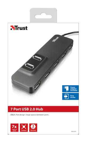 7 portlu bir USB 2.0 hub'ının siyah beyaz bir kutusu. Kutu bir şema ve metin içerir.