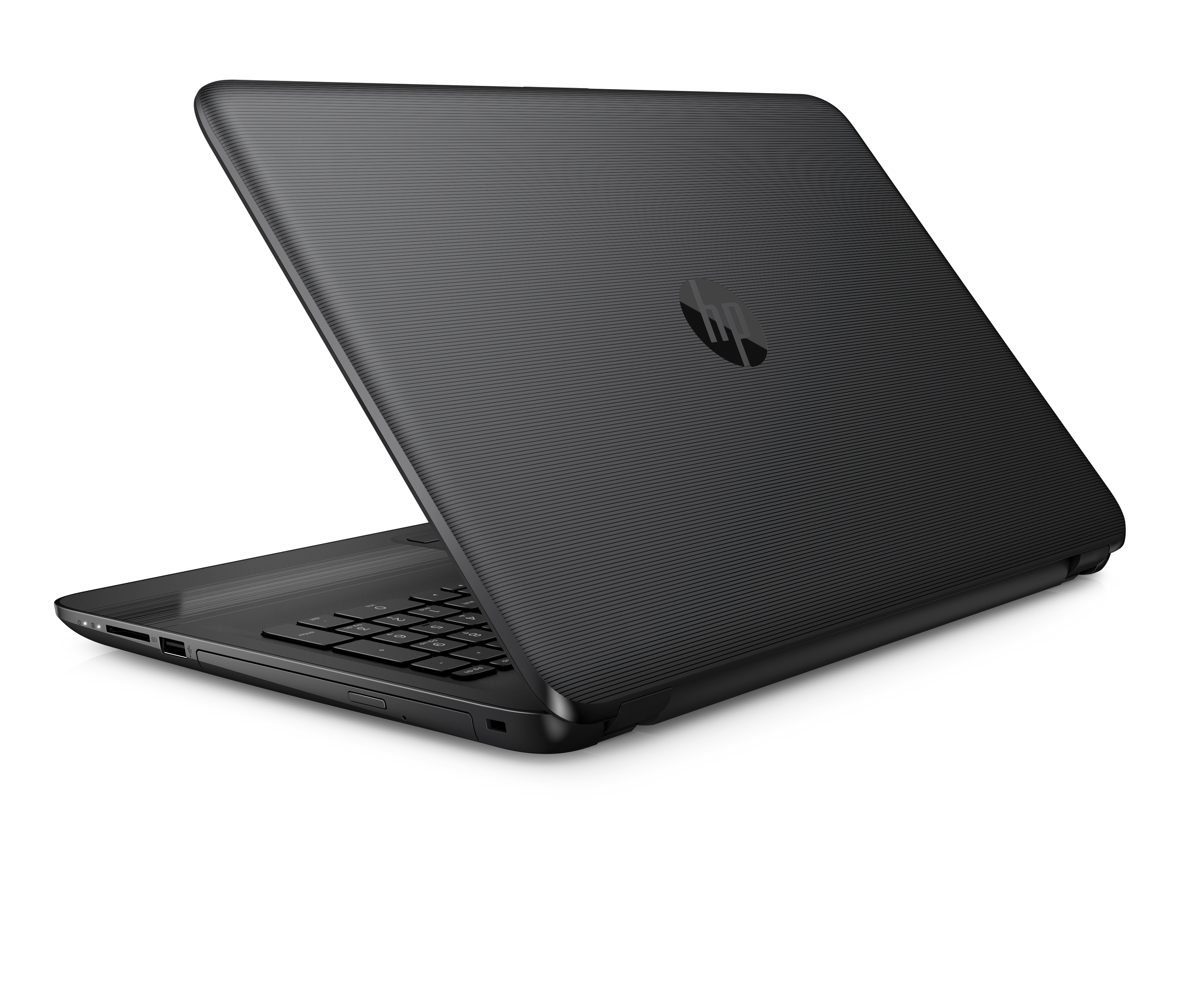 Schwarzer Laptop, im Winkel geöffnet, Tastatur und HP-Logo zeigend.