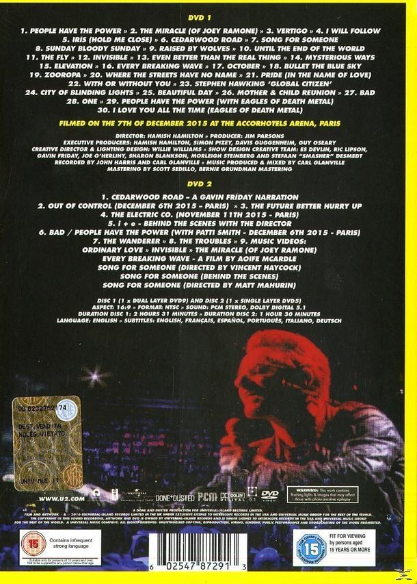 DVD-Cover mit Titelliste, mit einer Konzertaufnahme. Enthält U2 und ein gelb-schwarzes Design.