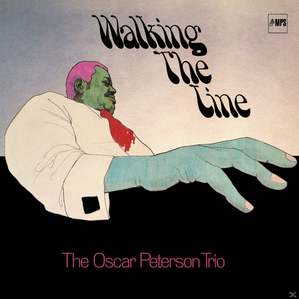 Albumcover: grün-gesichtige Figur mit rosa Haaren, roter Krawatte, blauem Arm und Titel 'Walking The Line' von The Oscar Peterson Trio.