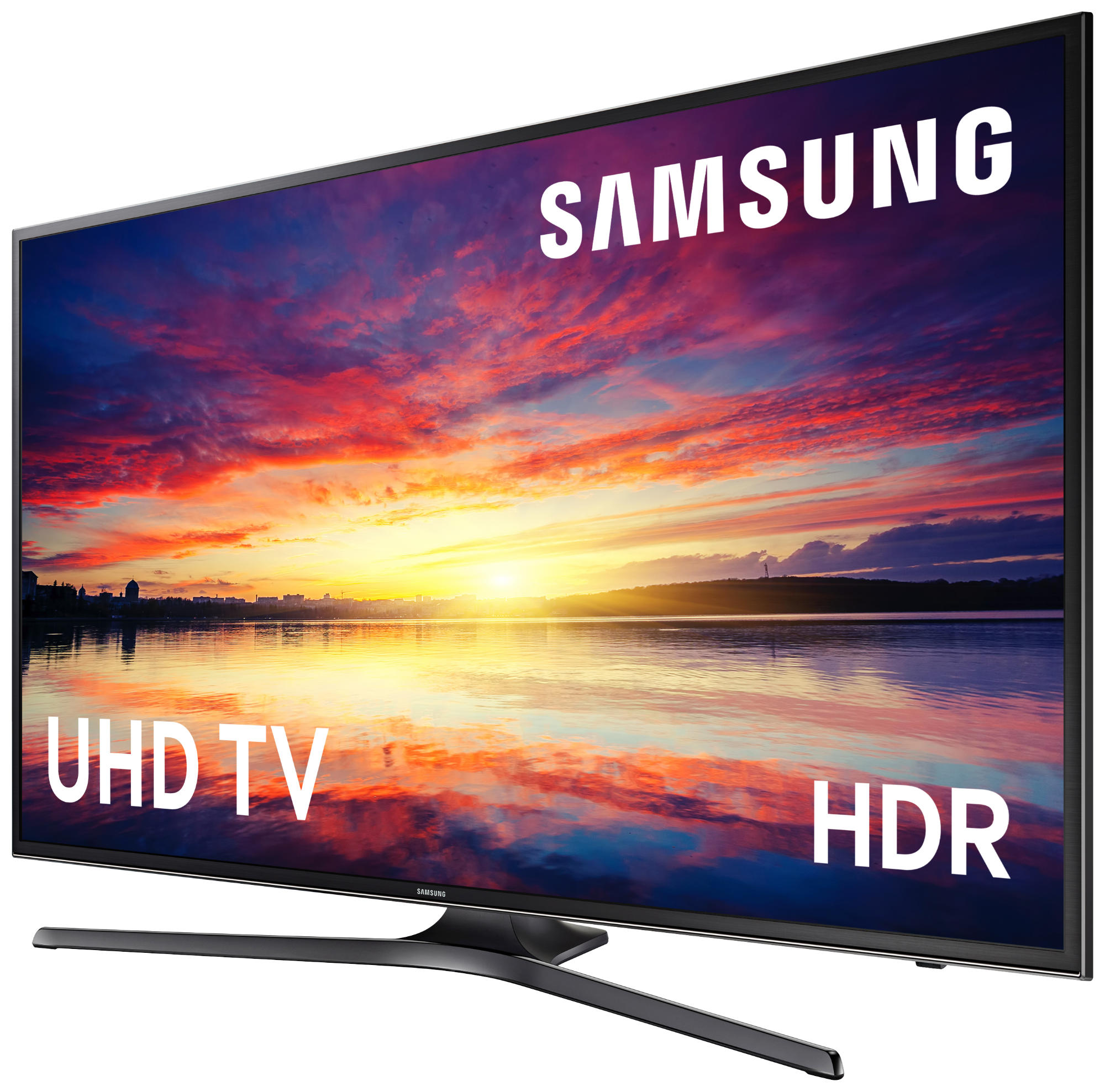 Televisor Samsung UHD que muestra una puesta de sol sobre el agua, con la marca HDR y UHD TV.