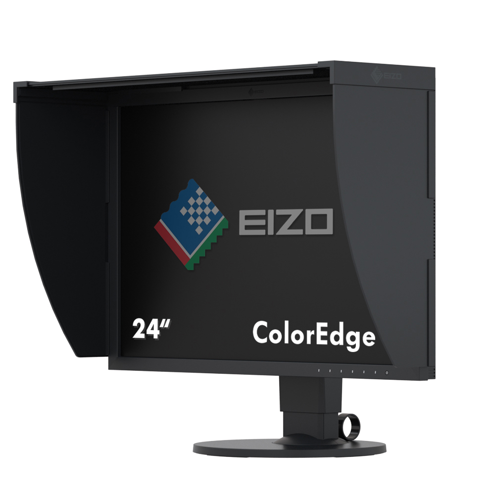 EIZO 24-Zoll ColorEdge Monitor mit schwarzer Blende. Der Bildschirm ist schwarz.