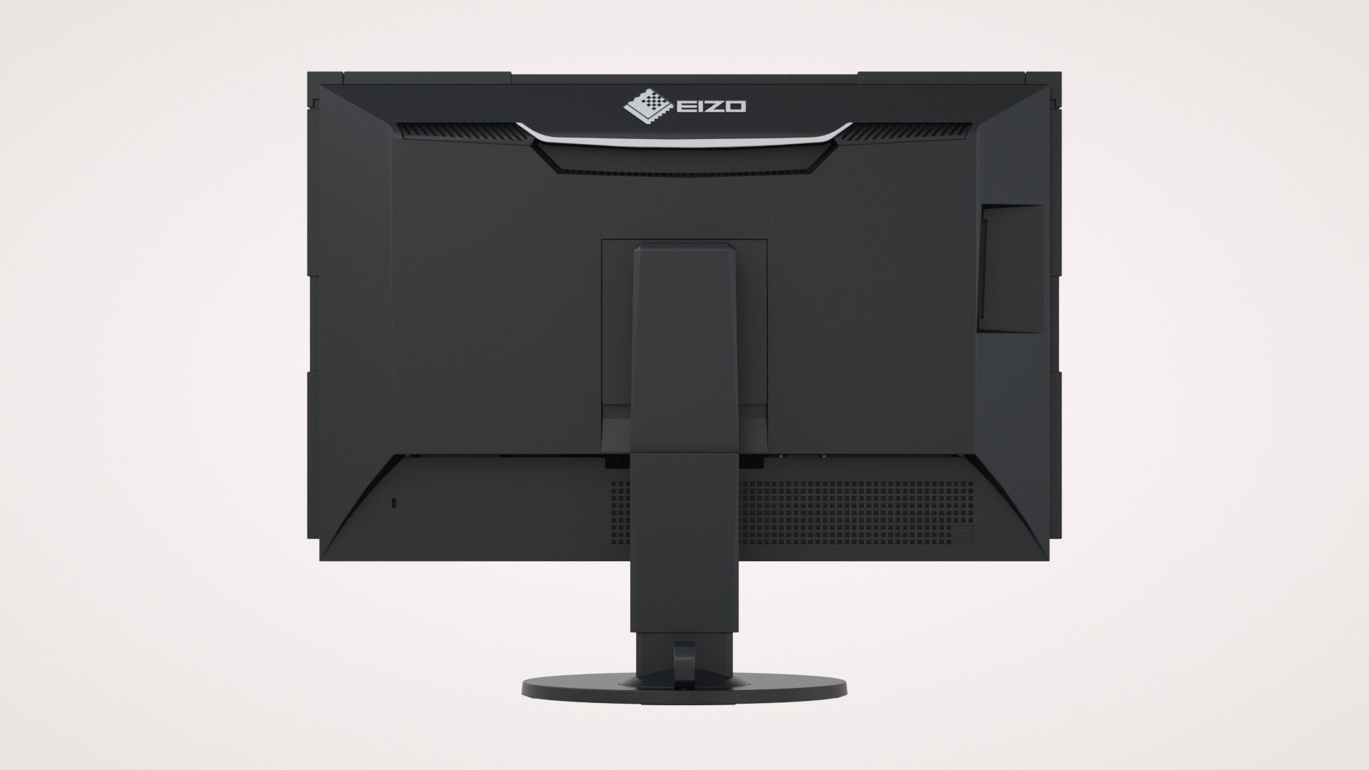 Rückseite eines schwarzen EIZO-Computermonitors mit EIZO-Logo und Ständer.
