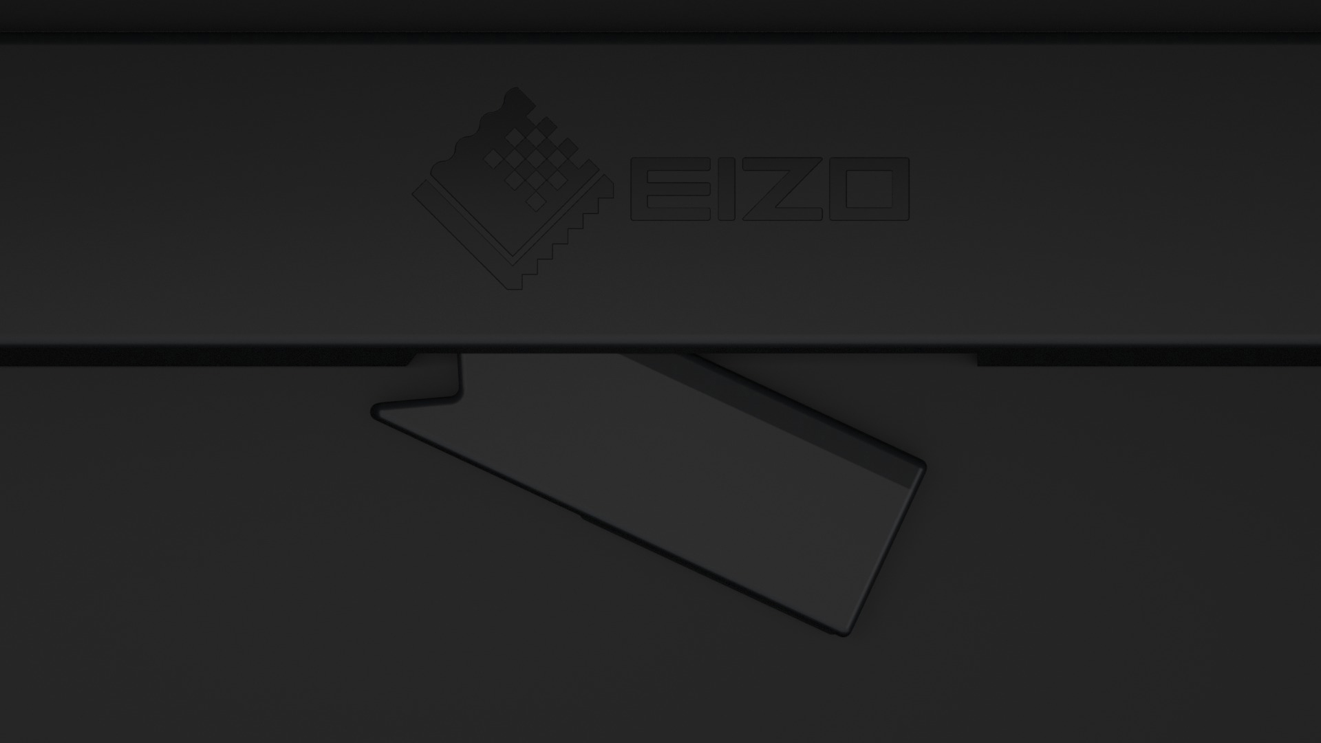 Nahaufnahme eines schwarzen EIZO-Produkts mit dem EIZO-Logo und einem Schiebefeld.