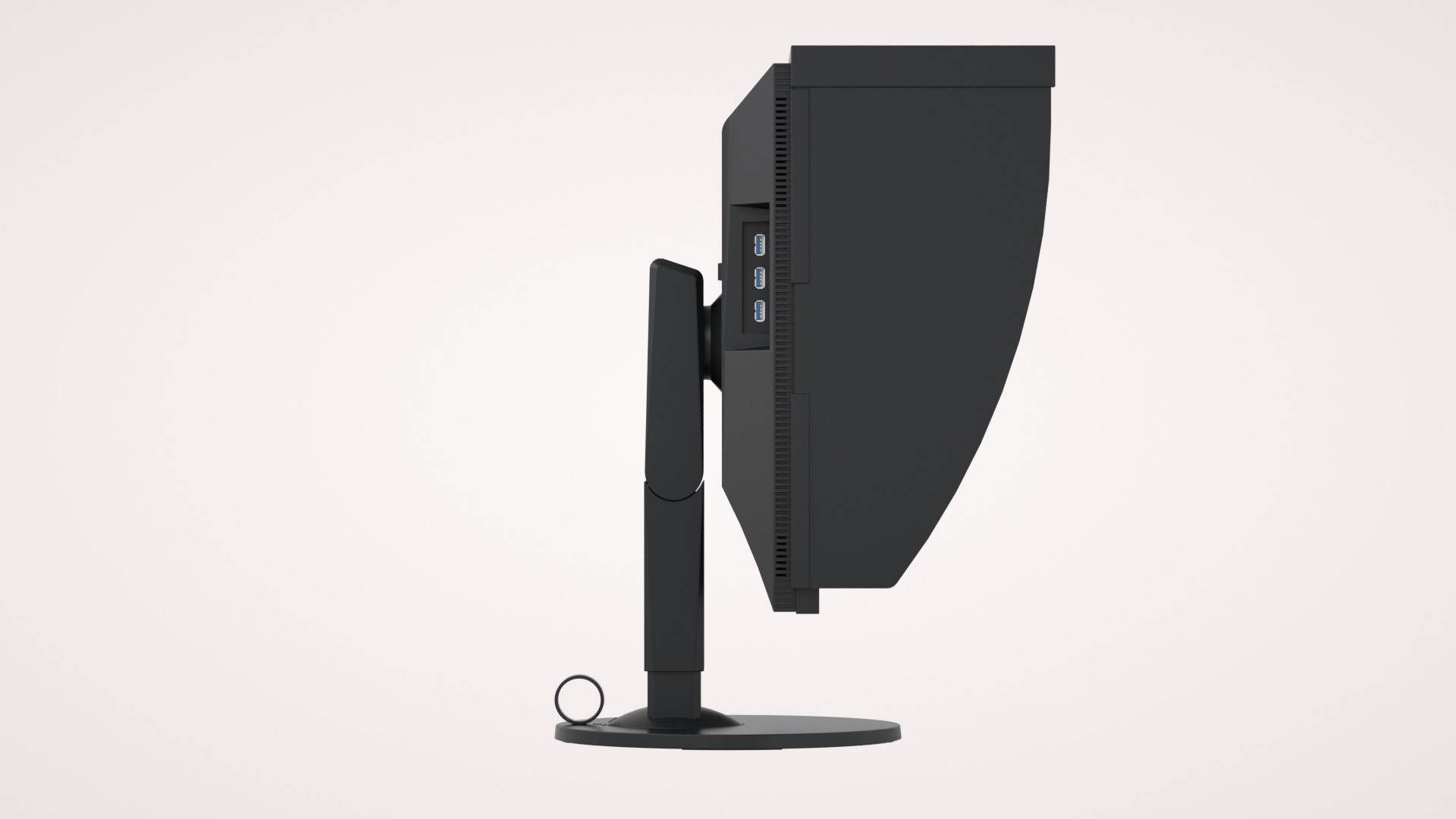 Schwarzer Computermonitor Seitenansicht. Ständer ist schwarz und rund. Weißer Hintergrund.