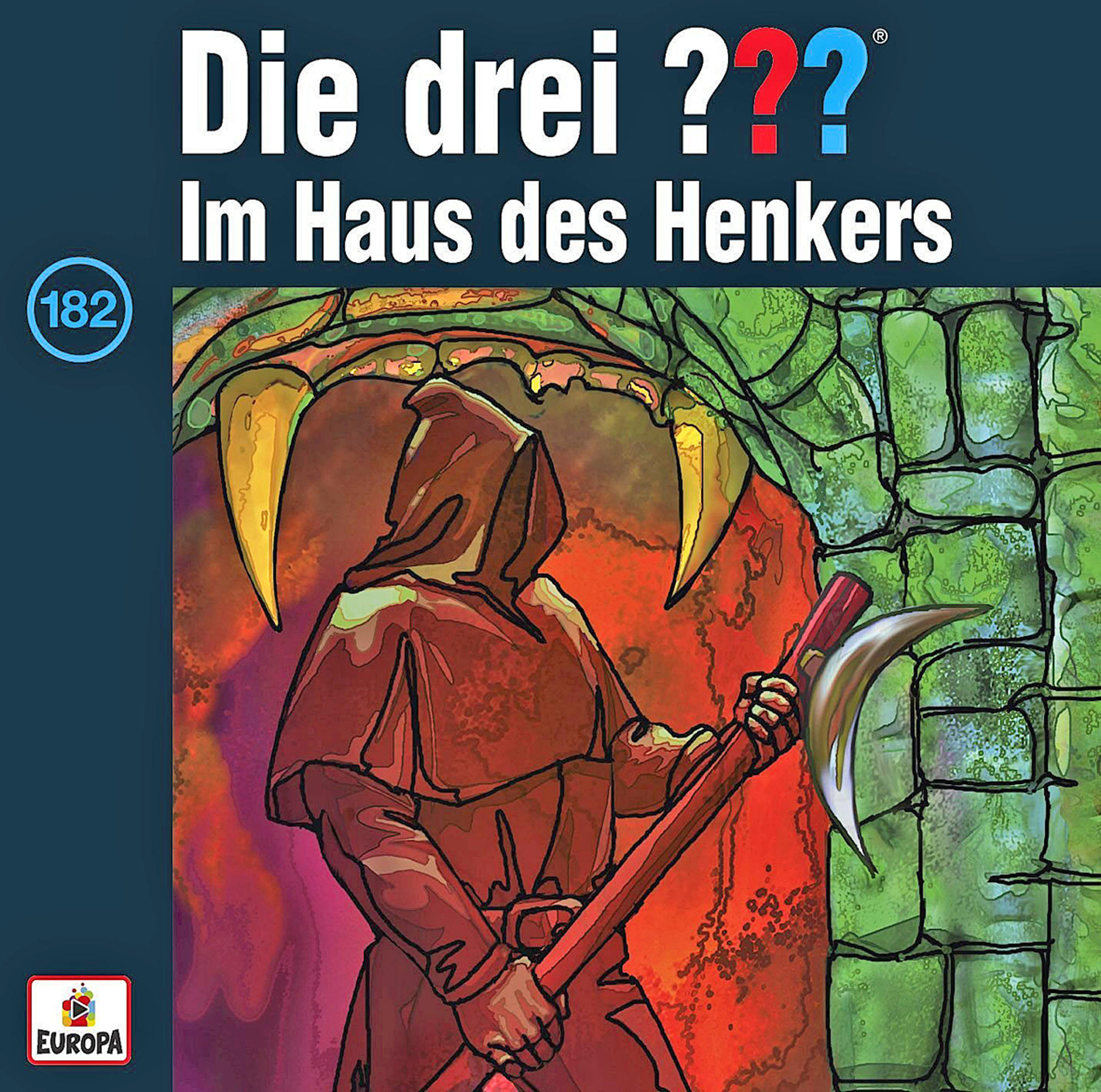 Buchcover. Ein Mann mit Sense, eine Kapuzenfigur und Text auf Deutsch, 'Die drei ???'.