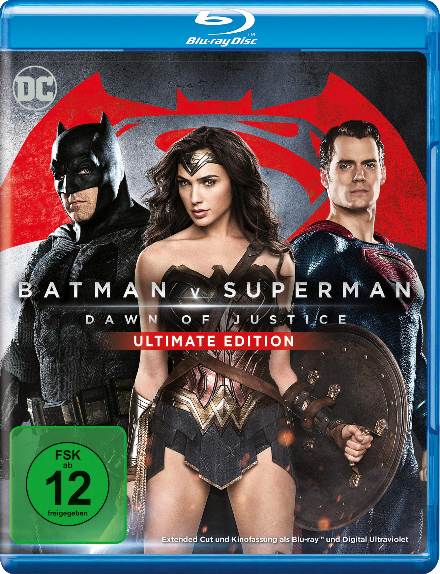 Filmcover von 'Batman v Superman'. Batman, Superman und Wonder Woman sind im Bild.
