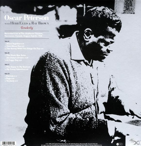Album borító. Oscar Peterson Herb Ellis-szel és Ray Brownnal. Fekete-fehér kép. Bal oldalon szöveg.