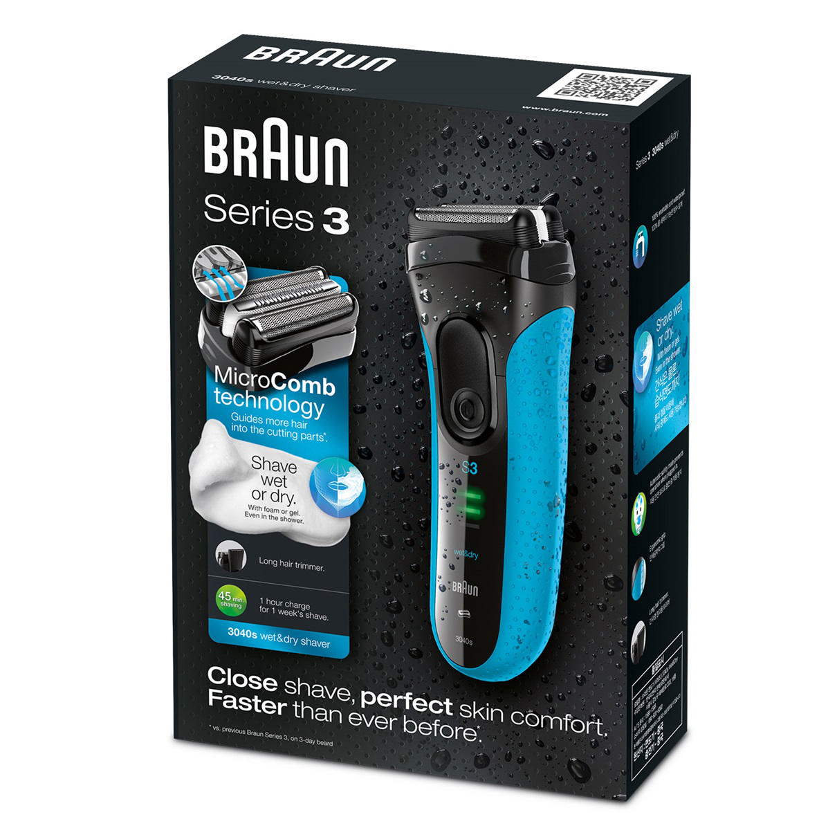 Braun Series 3 ıslak ve kuru tıraş makinesi kutusu, ön tarafında mavi ve siyah bir tıraş makinesi ile.
