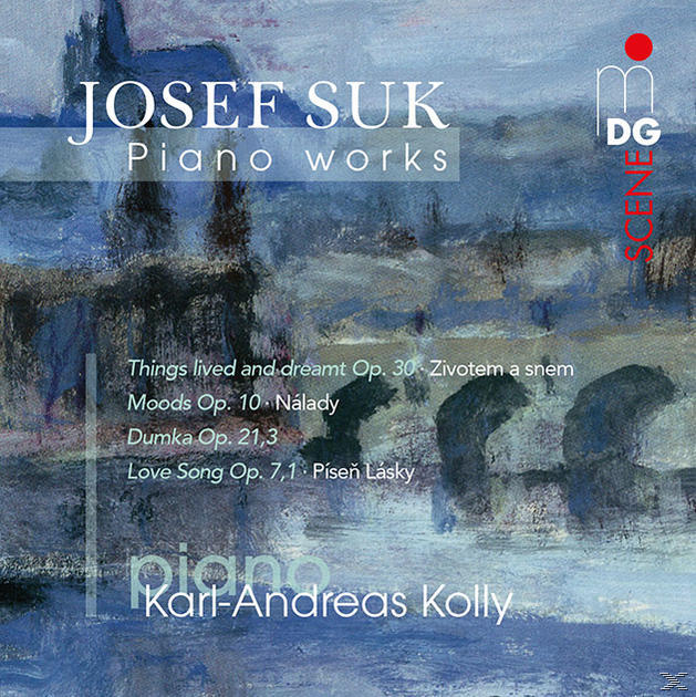 Albumcover für Klavierwerke von Josef Suk. Das Cover ist ein Gemälde mit Text darüber. Karl-Andreas Kolly ist der Pianist.